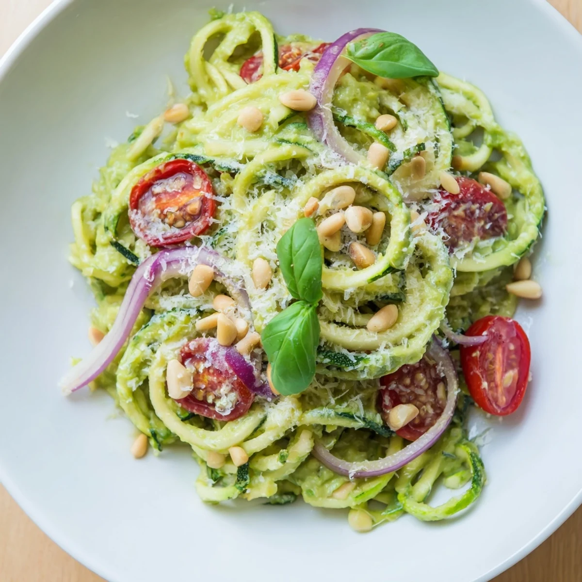 Bright, low-carb Chilly Breeze Keto Pasta garnished with pine nuts and Parmesan.  
