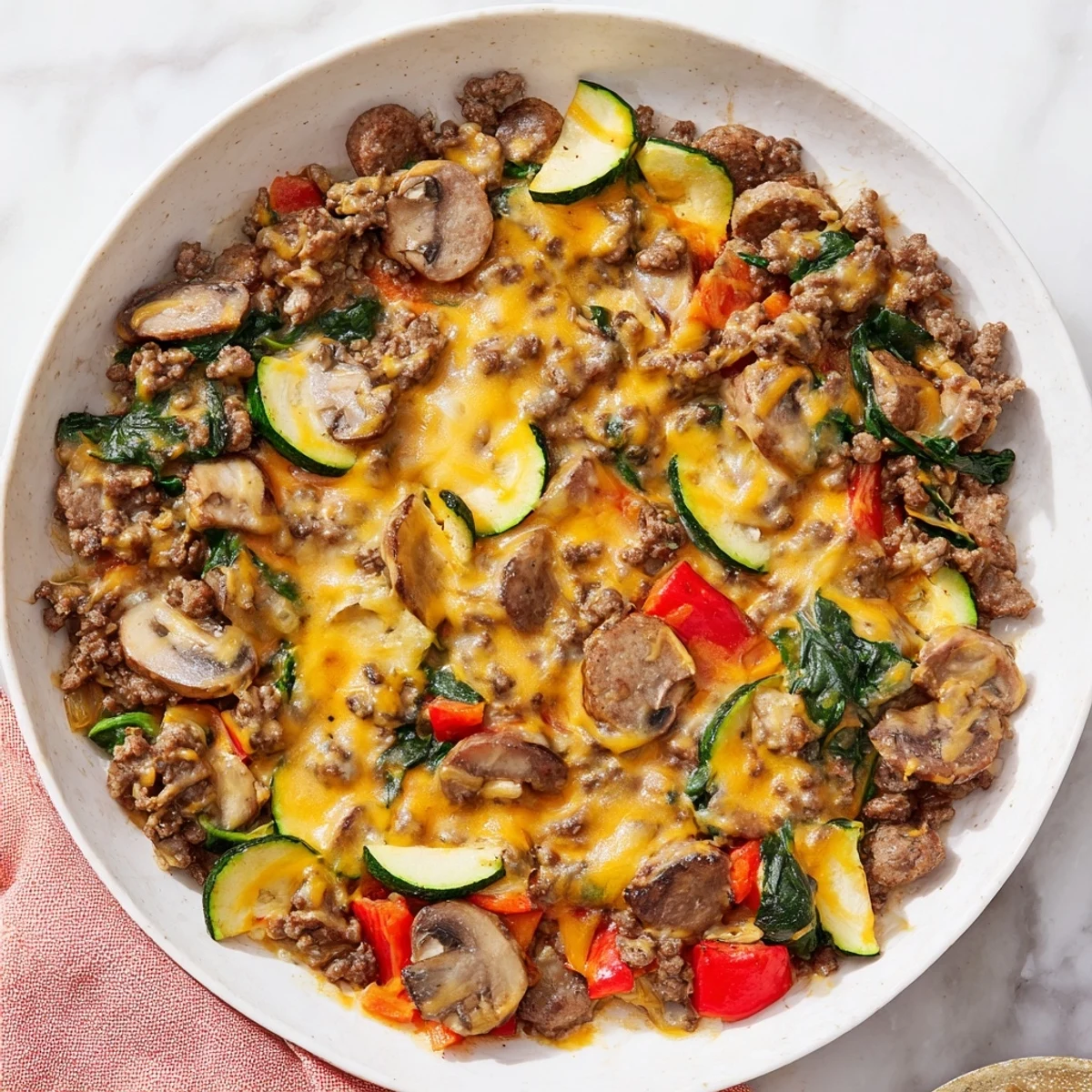 A steaming Fireside Keto Skillet topped with melted cheese, featuring zucchini, red bell peppers, and mushrooms for a low-carb dinner.