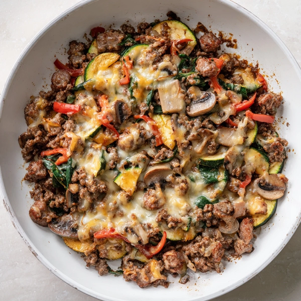 Fireside Keto Skillet with browned ground beef, sausage, and melted cheddar cheese bubbling in a rustic cast-iron pan.