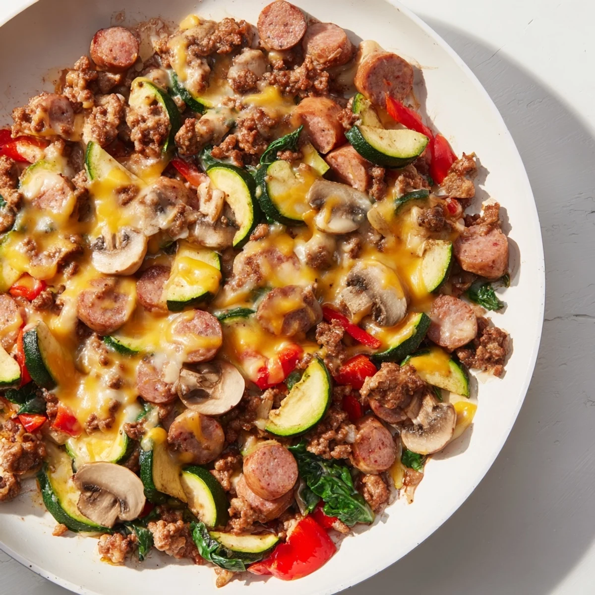 Serving suggestion for Fireside Keto Skillet with a green salad on the side, highlighting a savory, keto-friendly one-pan family meal.