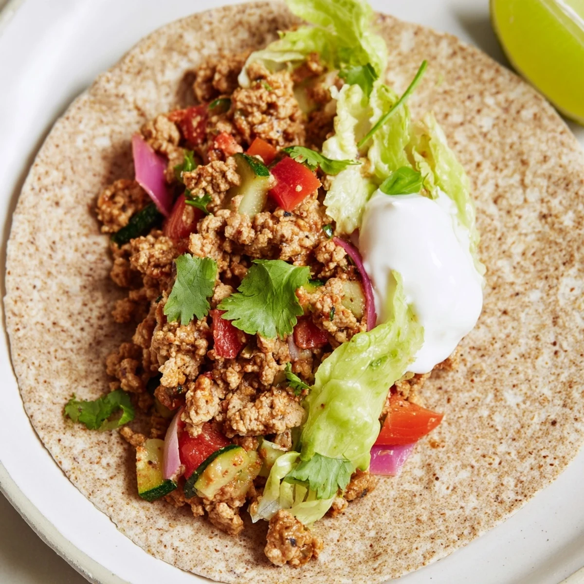 Freshly assembled warm hearth low fat tacos topped with creamy Greek yogurt, shredded lettuce, and lime wedges on a rustic table.