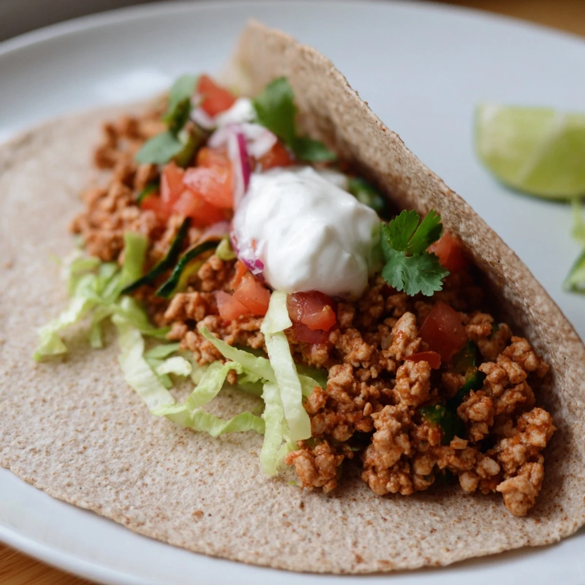 Sizzling skillet of warm hearth low fat tacos featuring lean ground turkey and zucchini, ready for a healthy family dinner.