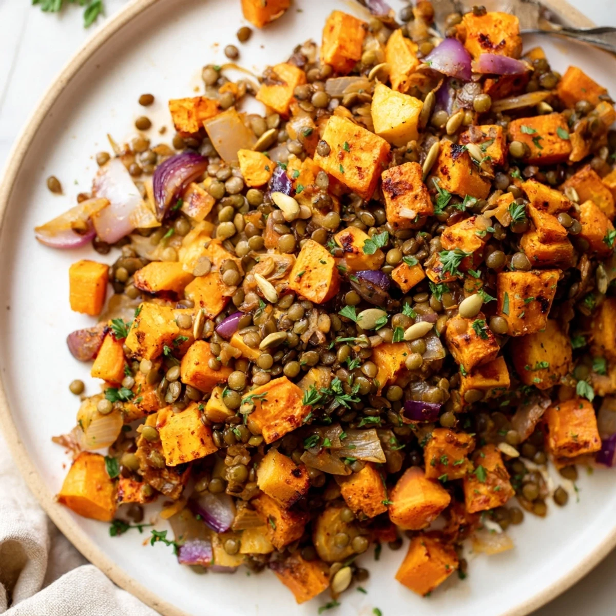Aromatic herbs and smoked paprika flavor this Warm Hearth Vegan Side Dish, served warm with pumpkin seeds.
