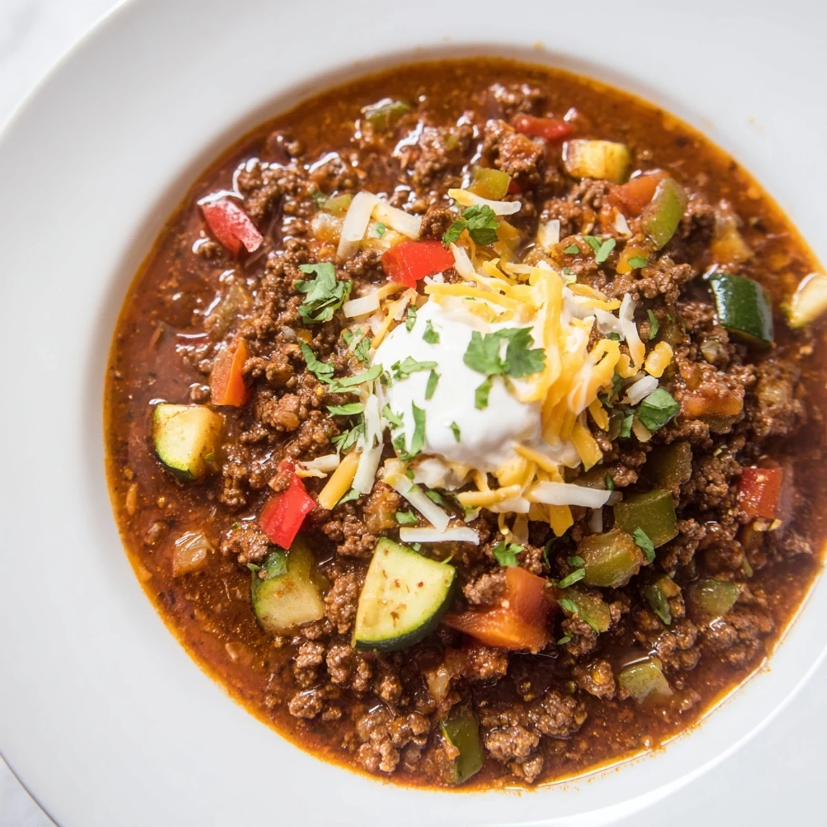 A hearty bowl of New Year Low Carb Chili topped with melted cheddar cheese and fresh cilantro.