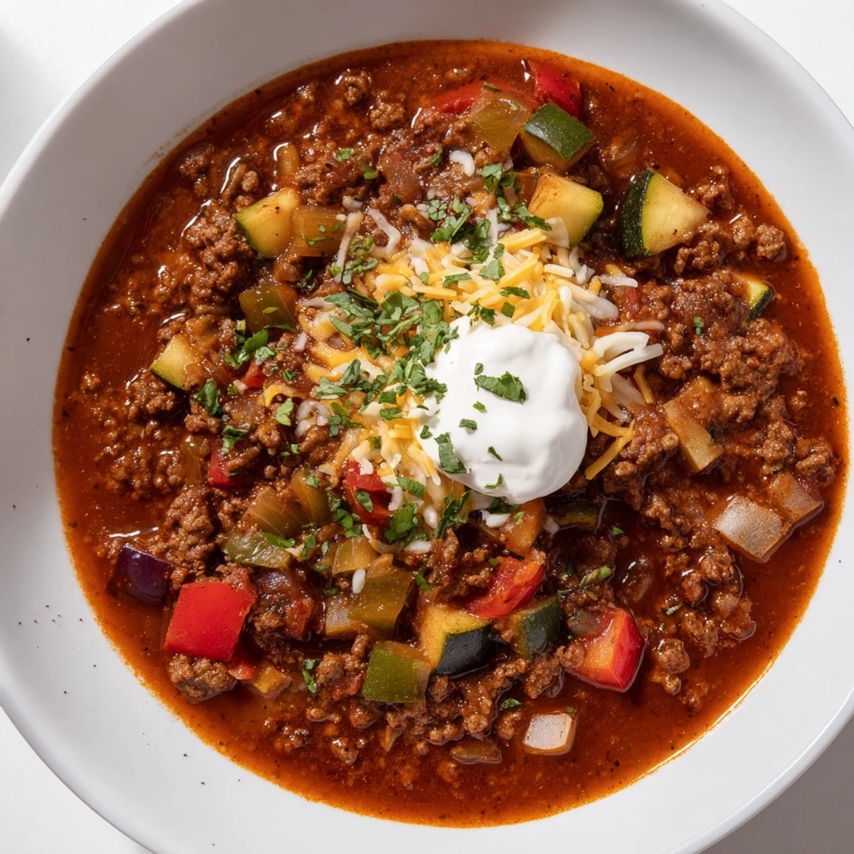 New Year Low Carb Chili simmering in a pot with diced zucchini, bell peppers, and rich tomato broth.