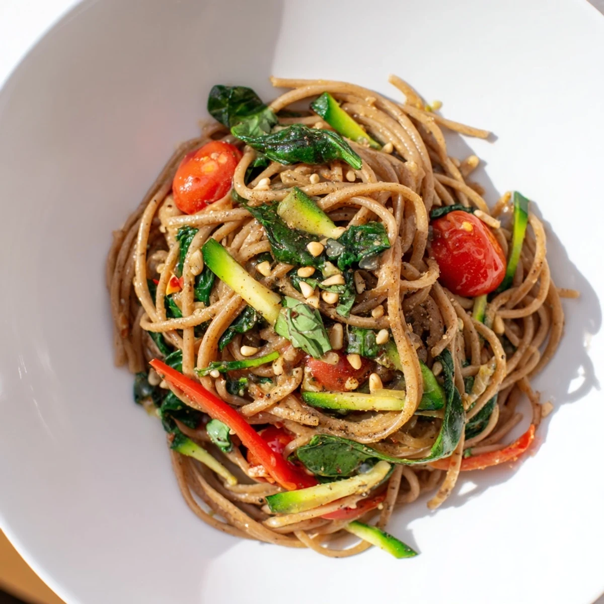 Bright bowl of Chilly Breeze Vegan Pasta with colorful zucchini, red bell pepper, and cherry tomatoes tossed in lemon-chili dressing.  