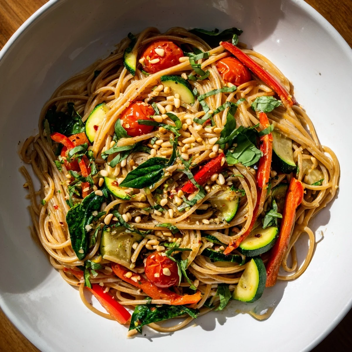 Fresh Chilly Breeze Vegan Pasta with crisp vegetables, fragrant basil, and toasted pine nuts for a light summer meal.  