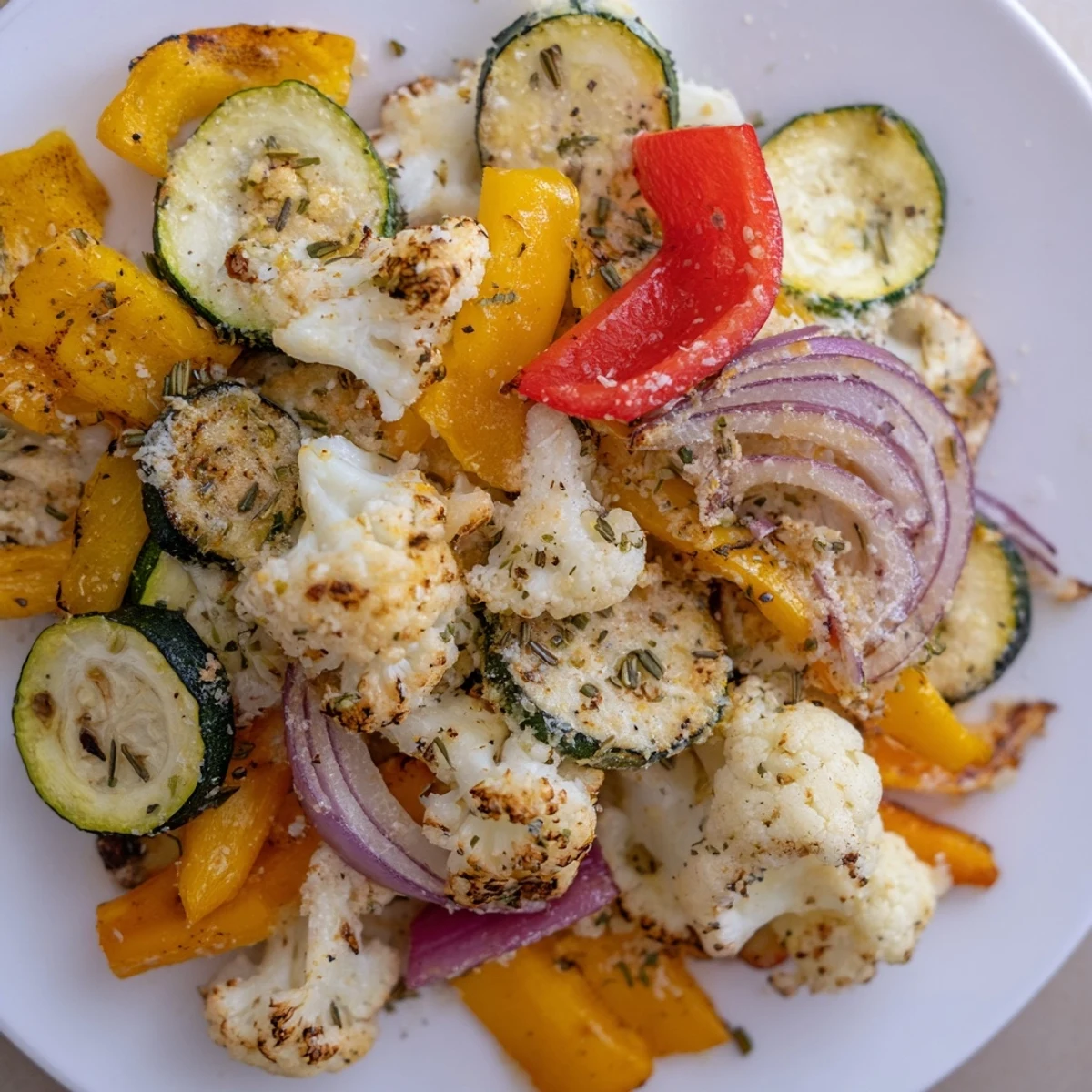 Roasted Fireside Keto Side Dish with zucchini, cauliflower, and melted cheese on a baking sheet.