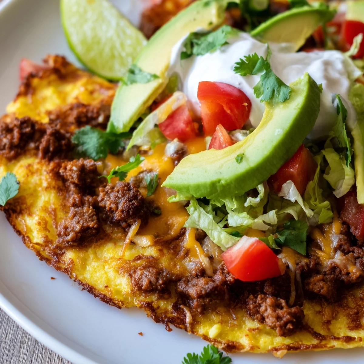 Golden brown low carb taco shells filled with savory seasoned beef, avocado slices, and fresh lettuce, ready to serve.