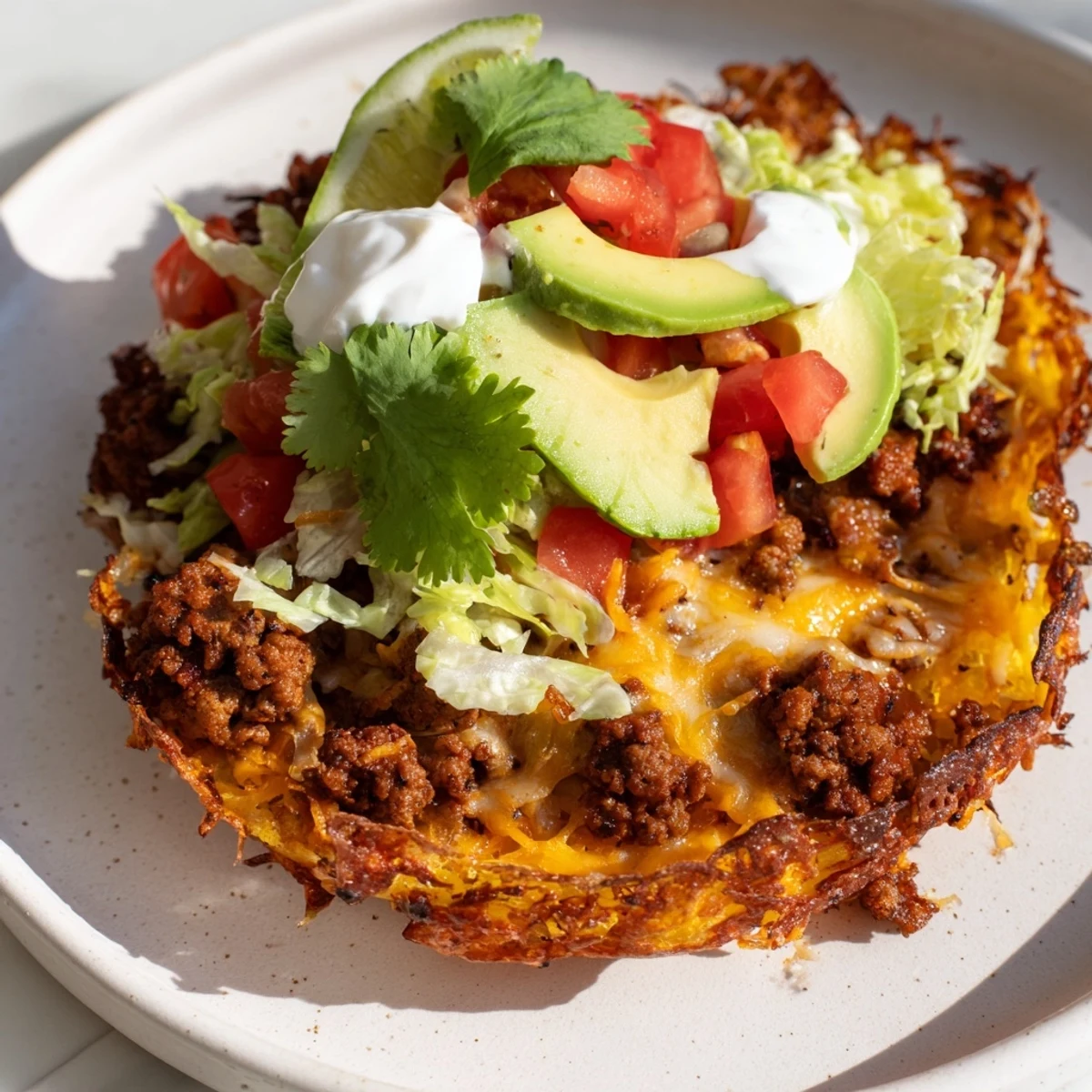 Freshly assembled Warm Hearth Low Carb Tacos featuring crispy cheese shells, diced tomatoes, and a squeeze of lime.