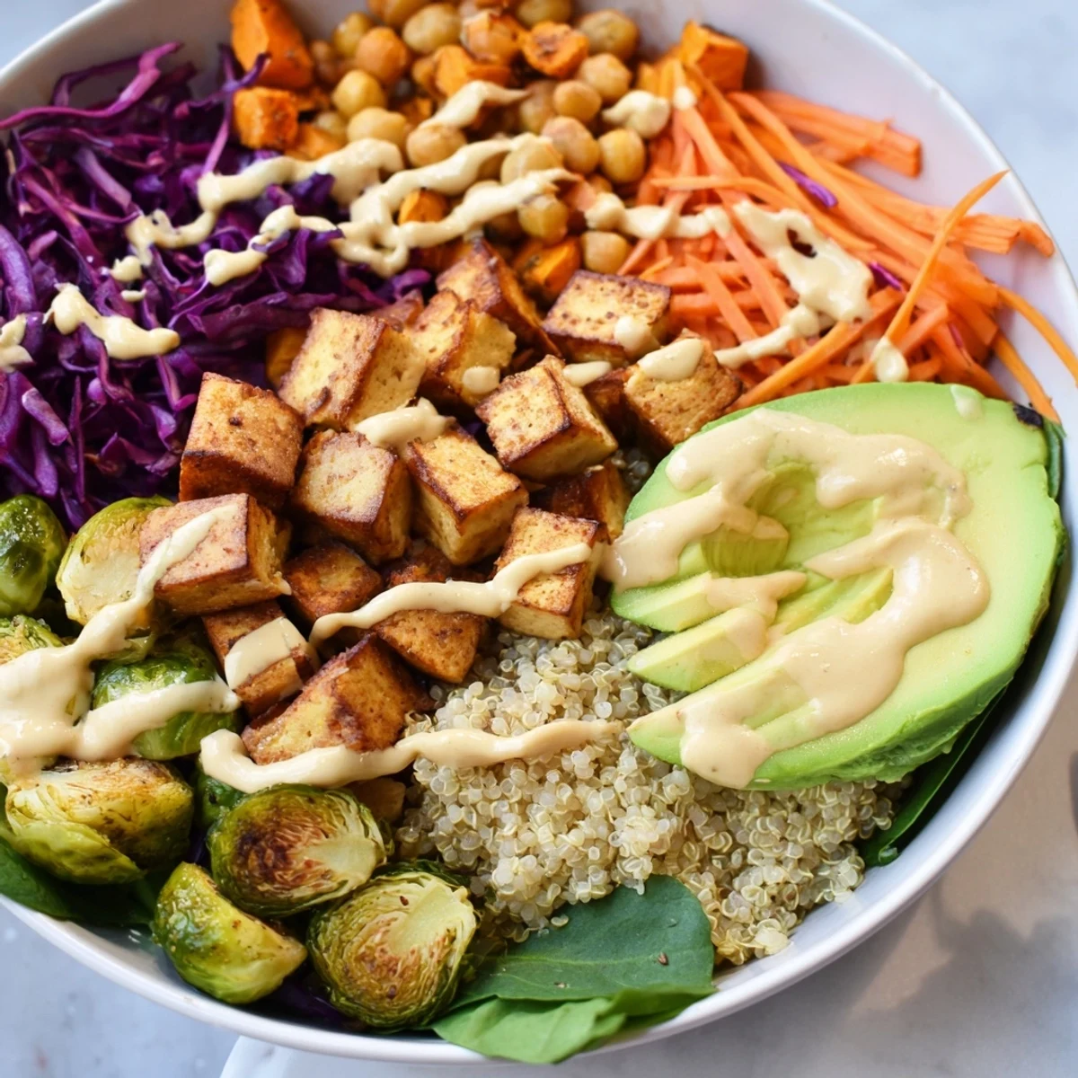 Winter Wellness High Protein Bowl arranged with quinoa, chickpeas, roasted veggies, and avocado slices on a rustic table.