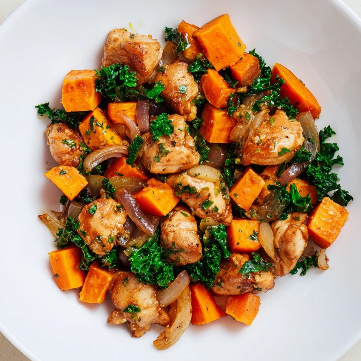 A close-up view of the Snowy Day Paleo Skillet, showcasing tender browned chicken nestled with diced sweet potato and wilted kale in a savory broth.