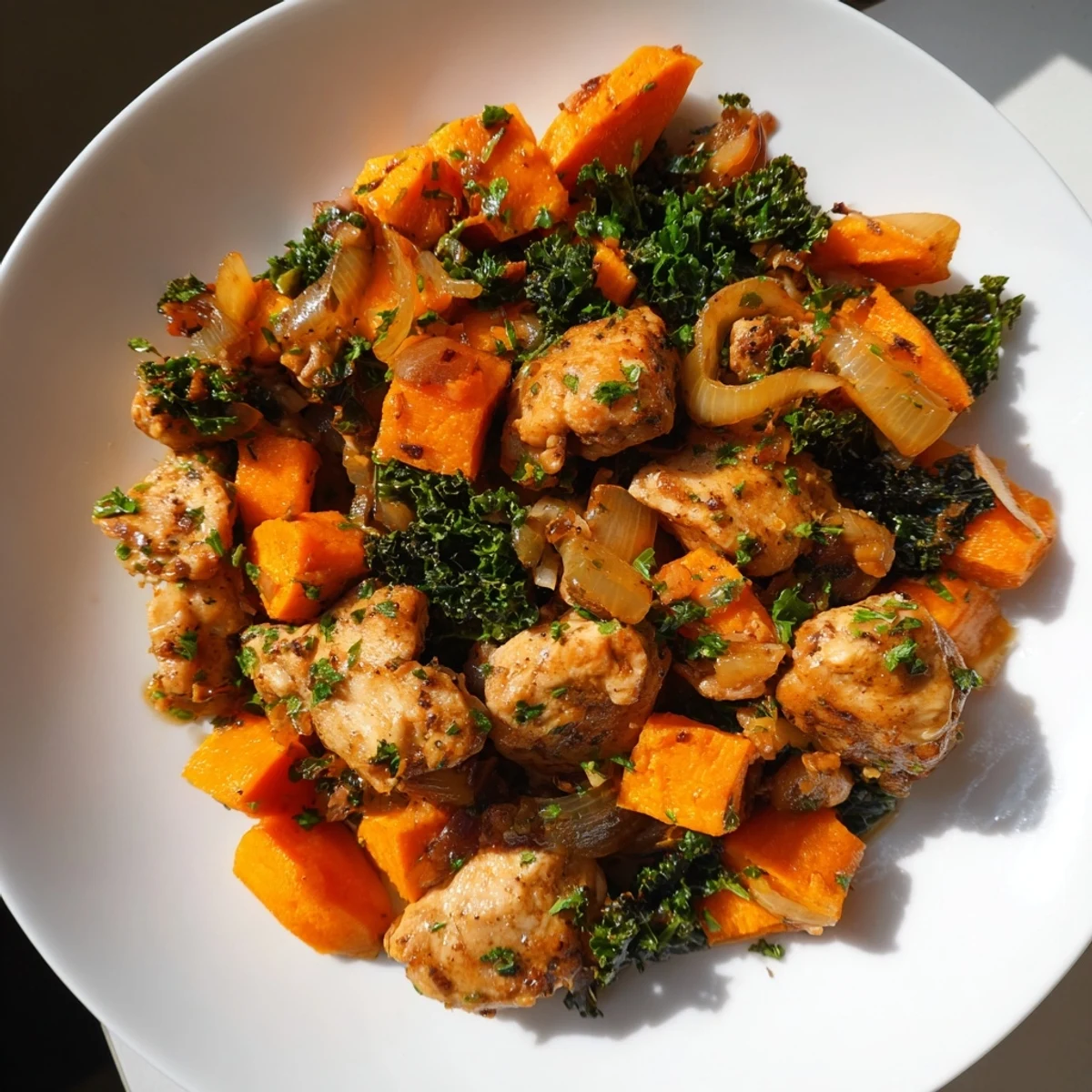 Steam rises gently from the finished Snowy Day Paleo Skillet, highlighting the juicy chicken and soft root vegetables ready for a cozy dinner.
