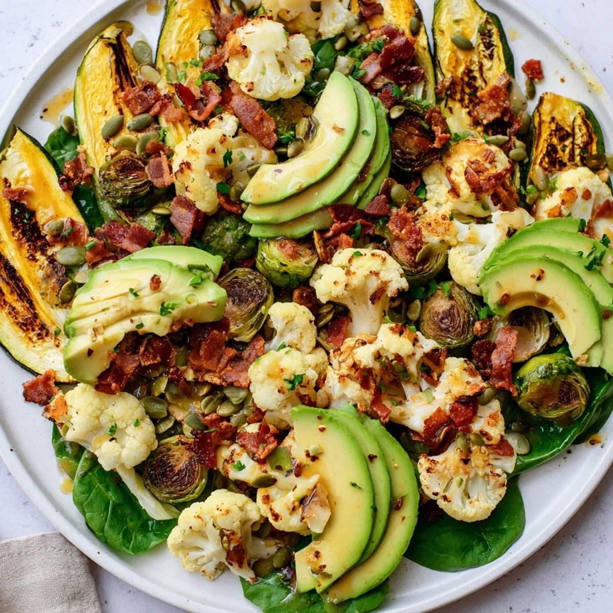 Golden roasted zucchini, cauliflower, and Brussels sprouts top fresh spinach on this Cozy Evening Keto Salad, garnished with crispy bacon and creamy avocado slices.