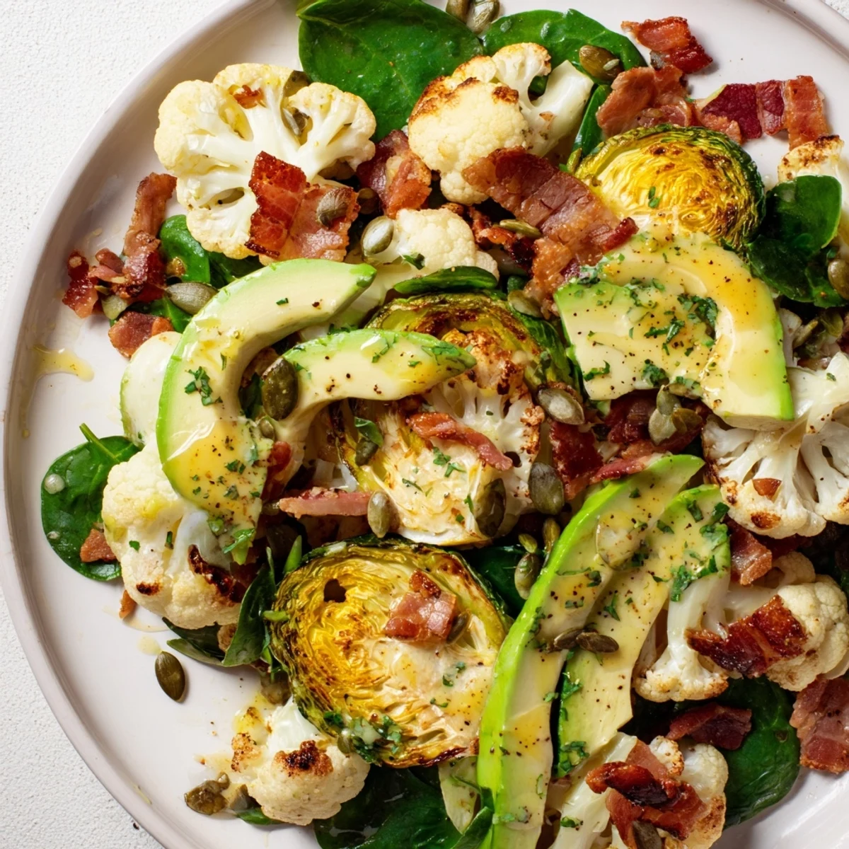 A close-up of the Cozy Evening Keto Salad shows a vibrant mix of green vegetables, golden roasted veggies, and bacon bits with pumpkin seeds.