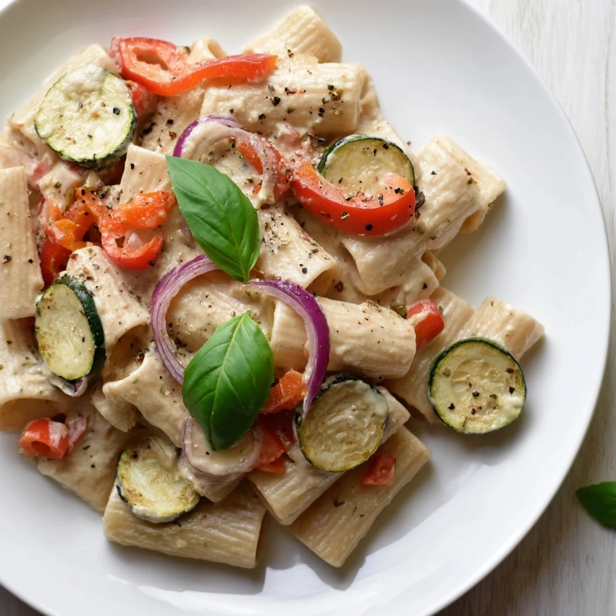 Steam rises from a bowl of Fireside Vegan Pasta as creamy sauce clings to roasted veggies and penne.