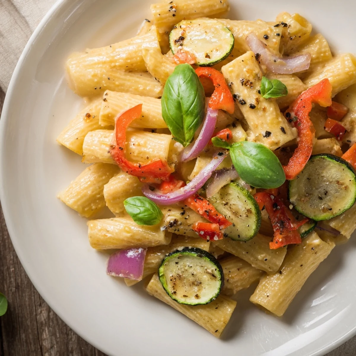 Serve Fireside Vegan Pasta garnished with fresh basil, perfect for a cozy dinner at home.