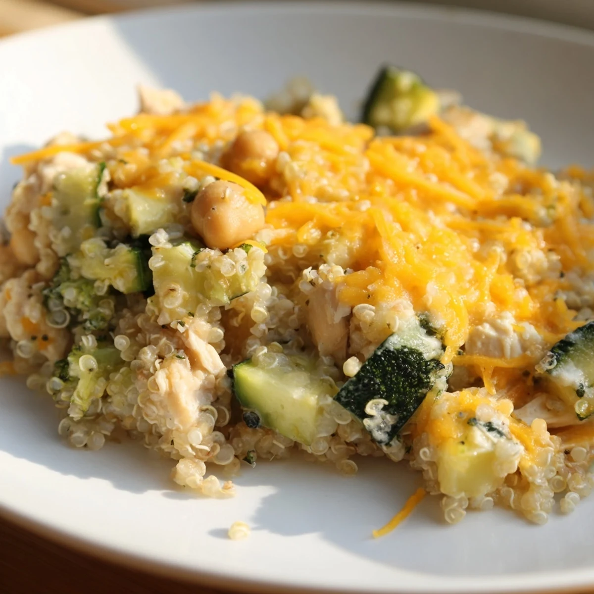 Steam rises from the golden baked Evergreen High Protein Casserole with broccoli and zucchini. 
