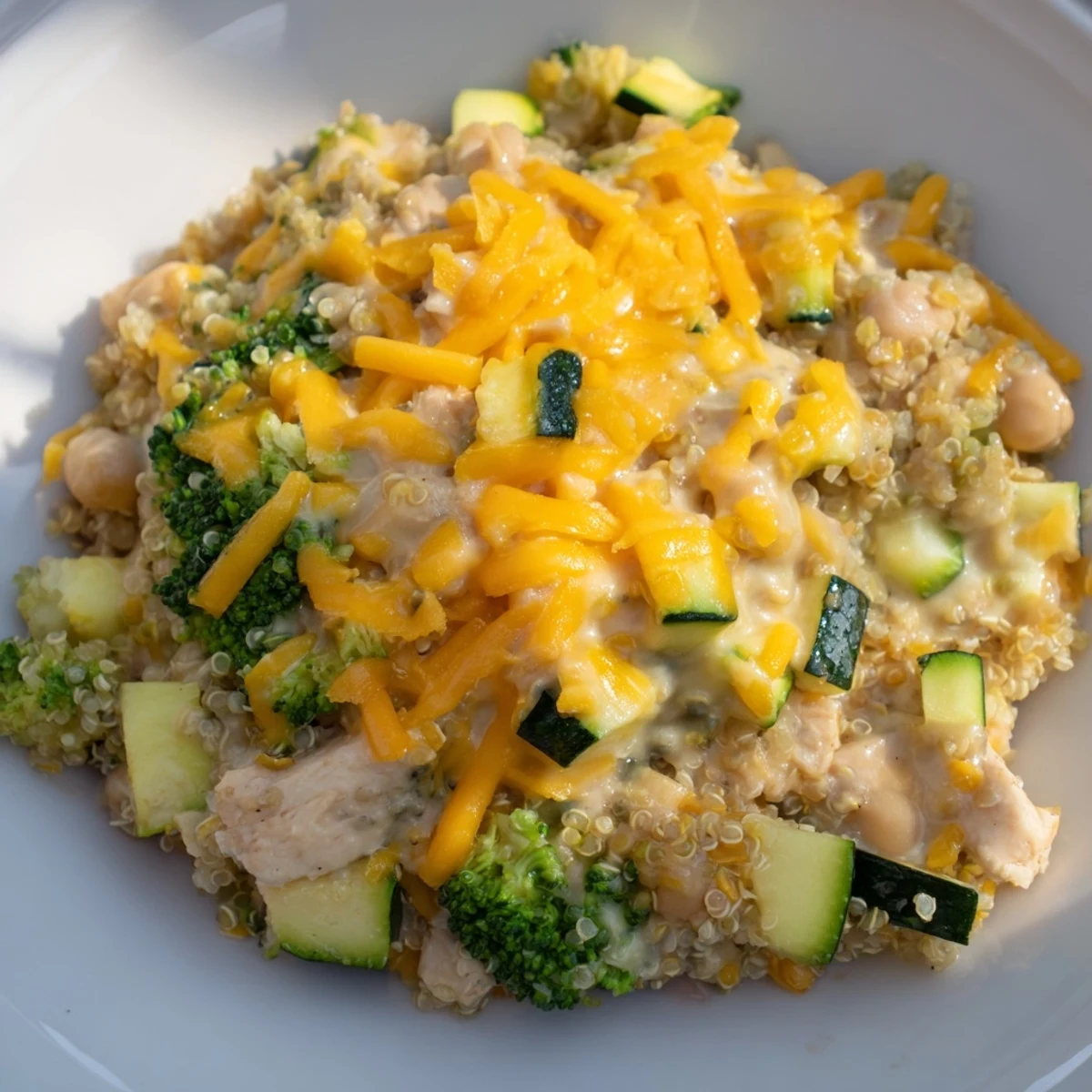 This Evergreen High Protein Casserole offers a hearty serving of chicken and quinoa for dinner. 