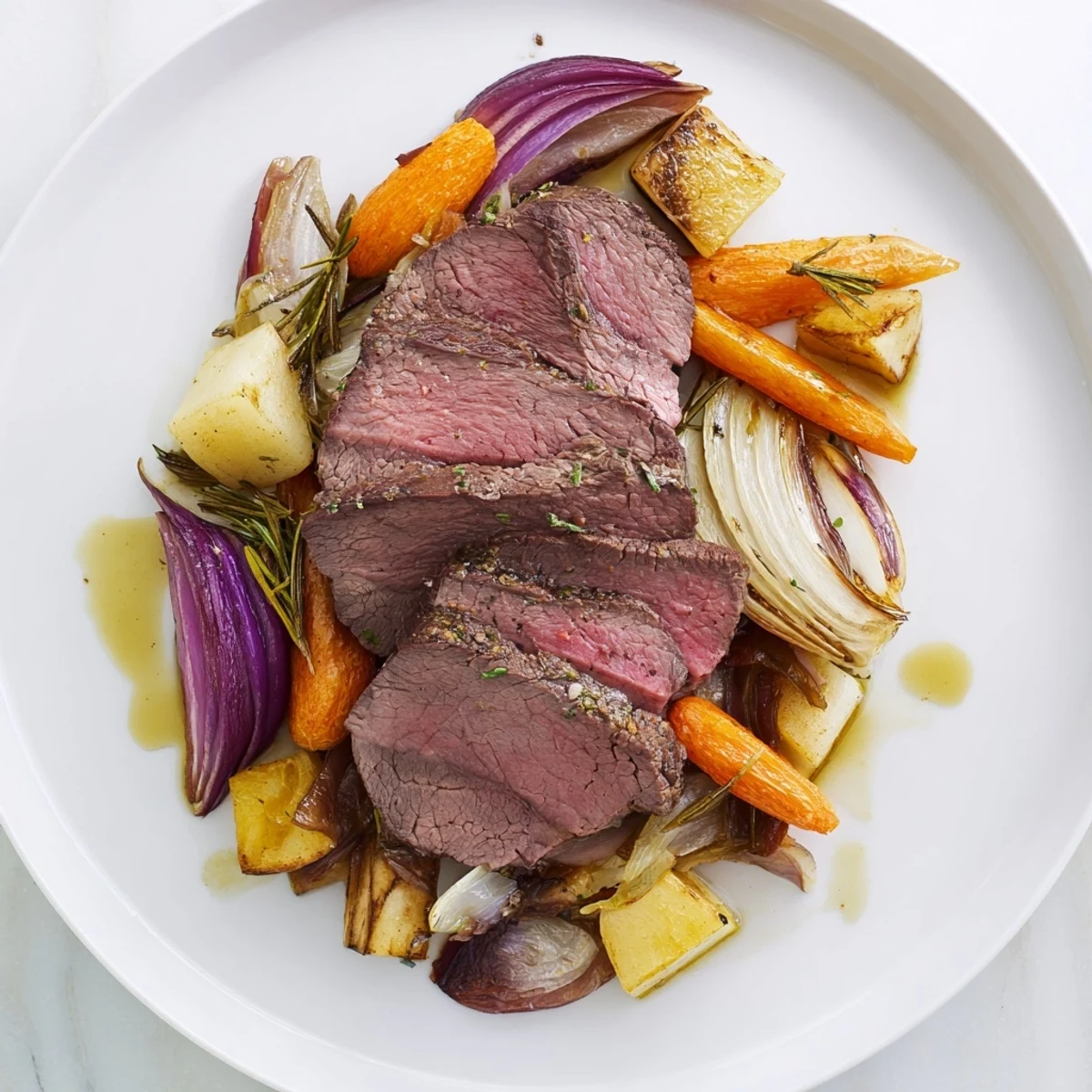 Sliced Holiday Market Paleo Roast reveals juicy pink interior, served with tender root vegetables and a drizzle of pan juices on a rustic wooden table.