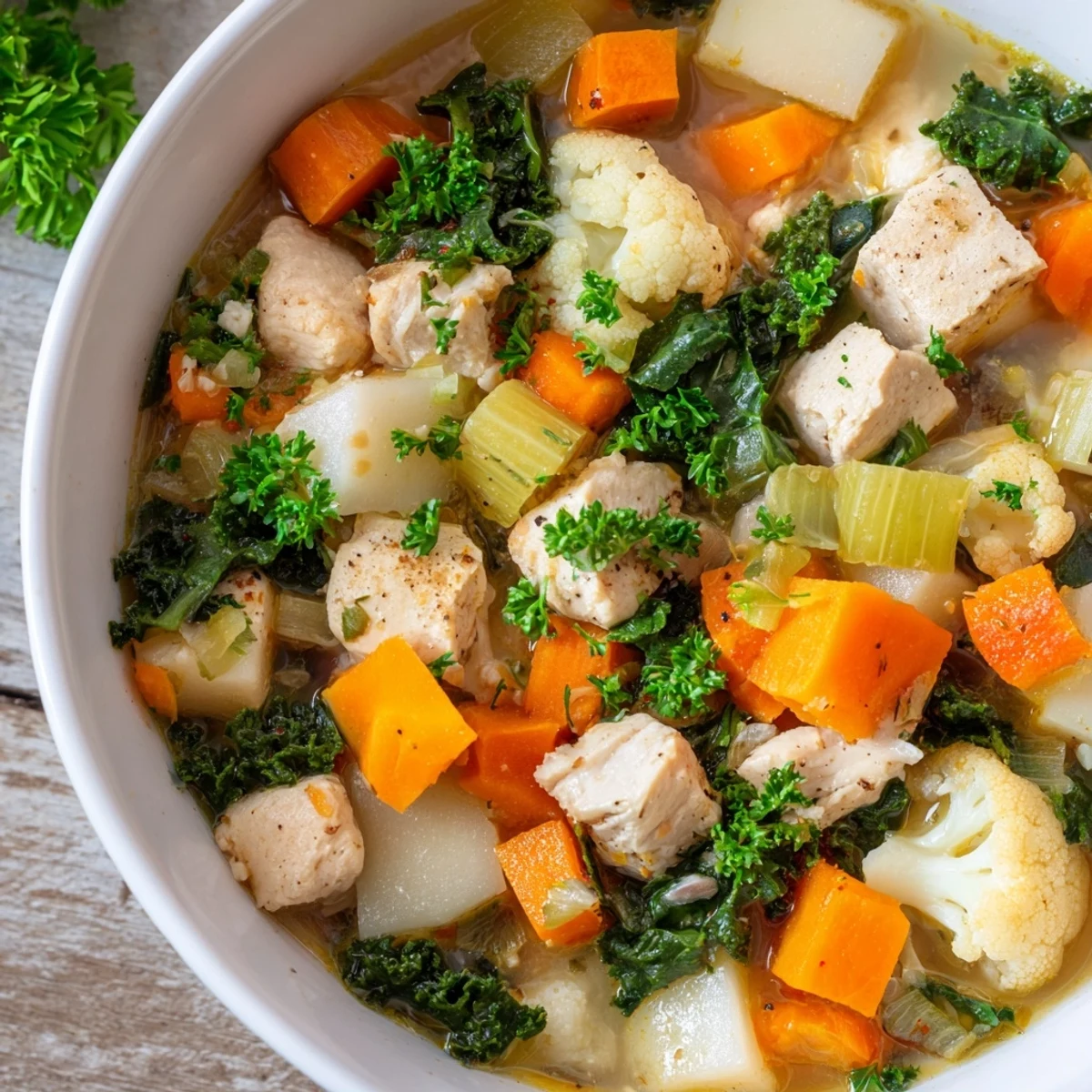 Steam rises from a bowl of Winter Wellness Low Carb Stew featuring tender chicken and vibrant green kale.