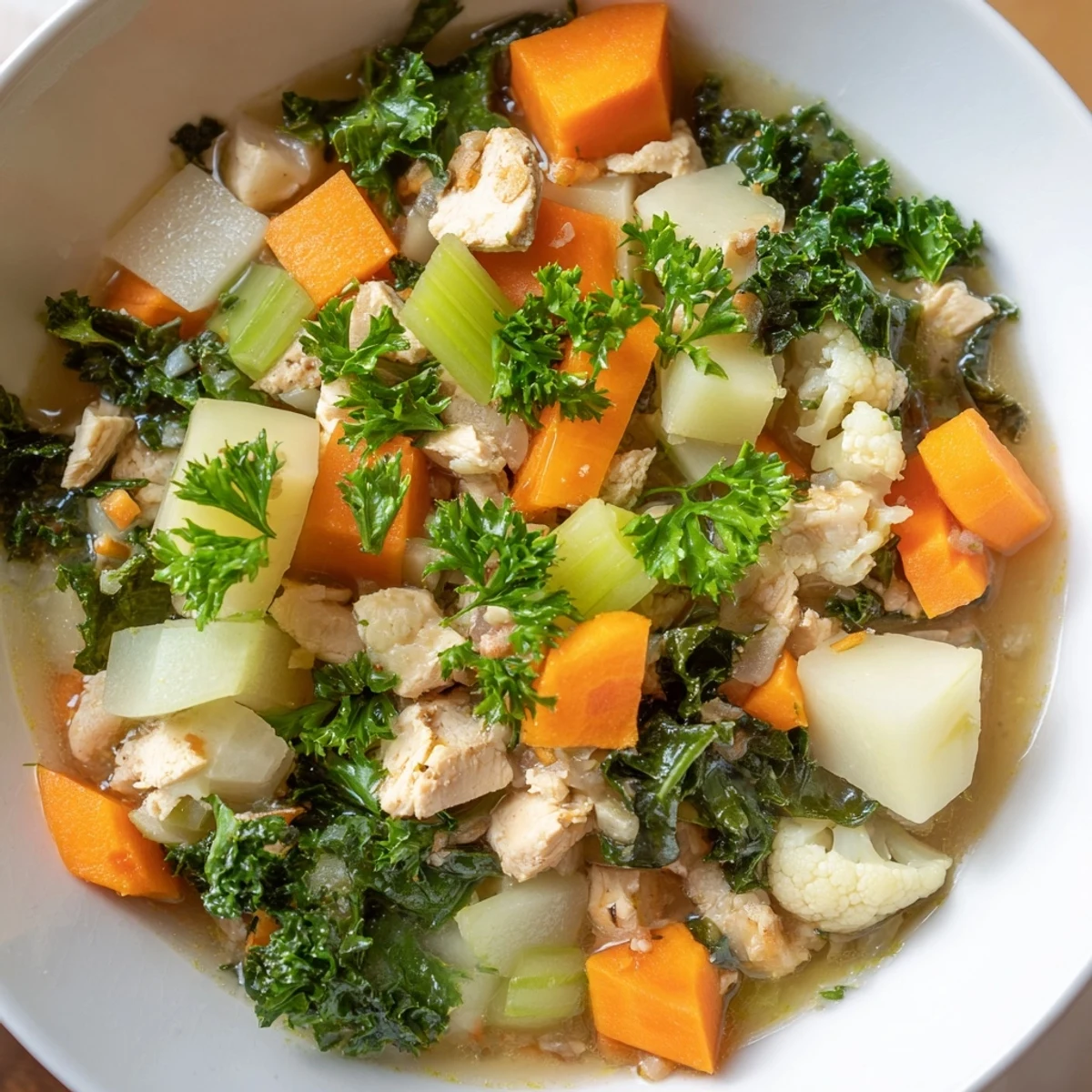 A hearty ladle of Winter Wellness Low Carb Stew displays diced carrots, celery, and cauliflower in savory broth.