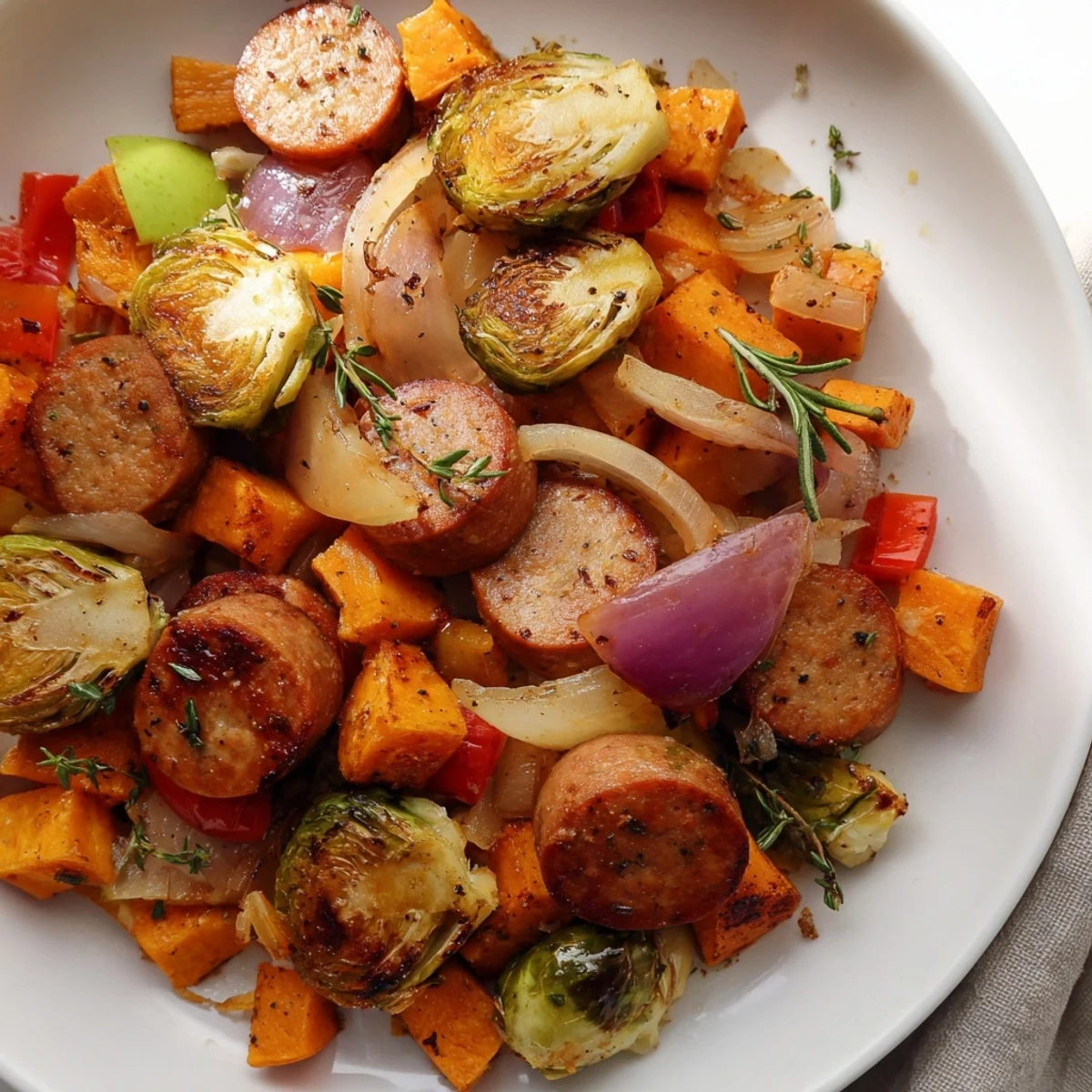 A close-up of the Holiday Market Paleo Skillet showing browned sausage and caramelized veggies glistening with herbs.  