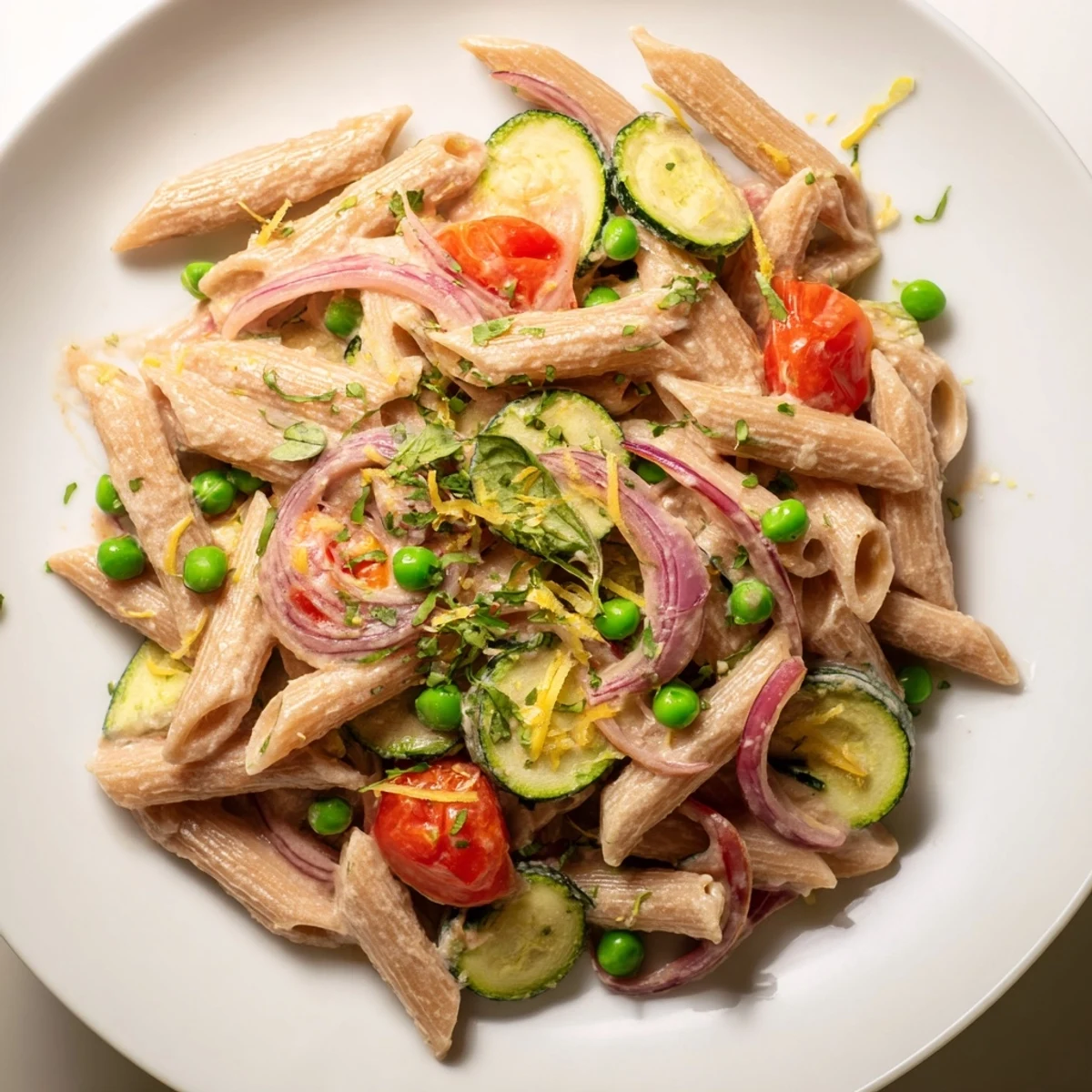 A close-up of Solstice Vegan Pasta coated in creamy cashew sauce, topped with fresh basil and a sprinkle of lemon zest.  