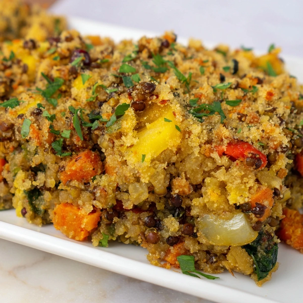 A hearty scoop of Cozy Evening Vegan Casserole reveals layers of lentils, quinoa, and colorful roasted vegetables in tomato sauce.