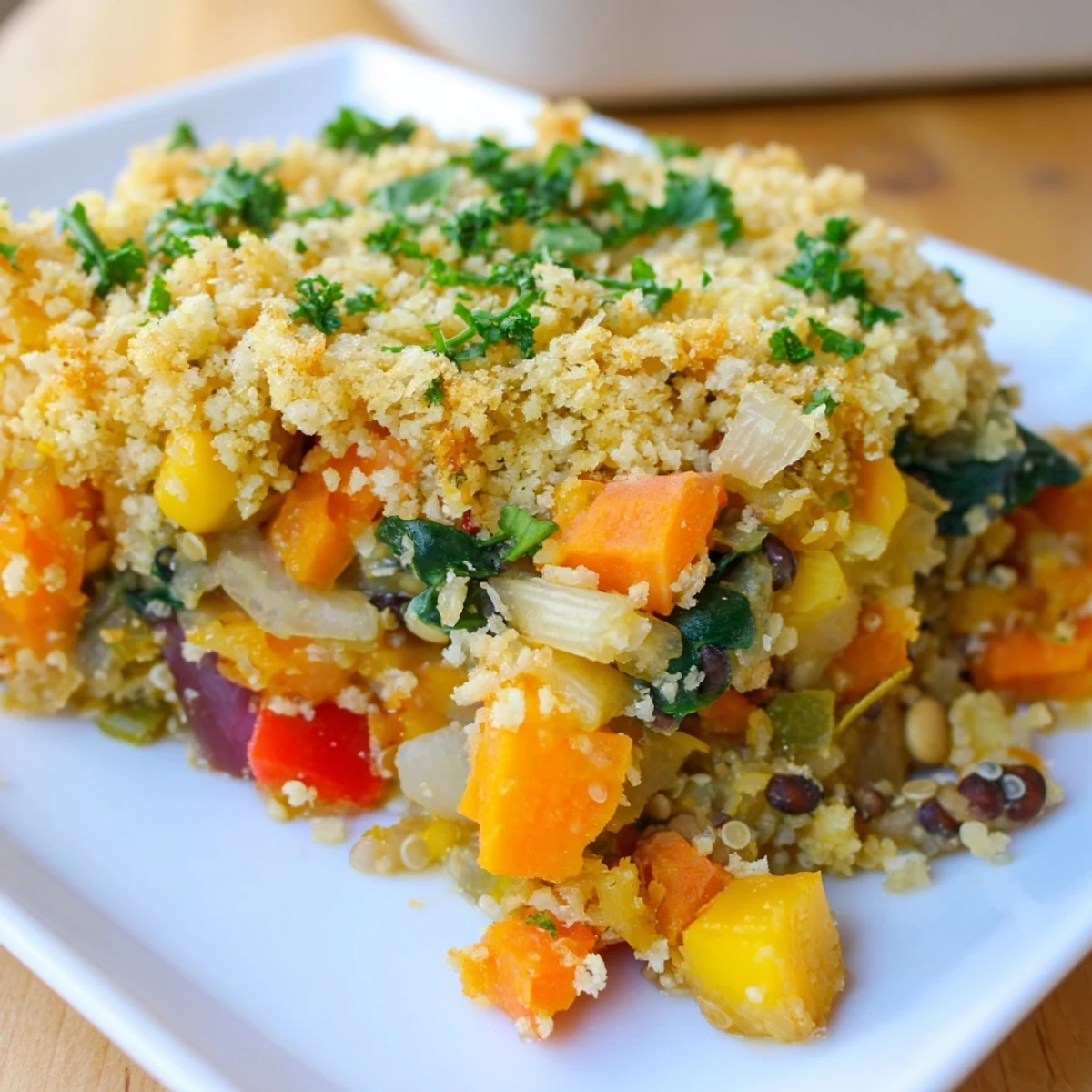 Golden-brown Cozy Evening Vegan Casserole fresh from the oven with crispy panko topping and fresh parsley garnish.