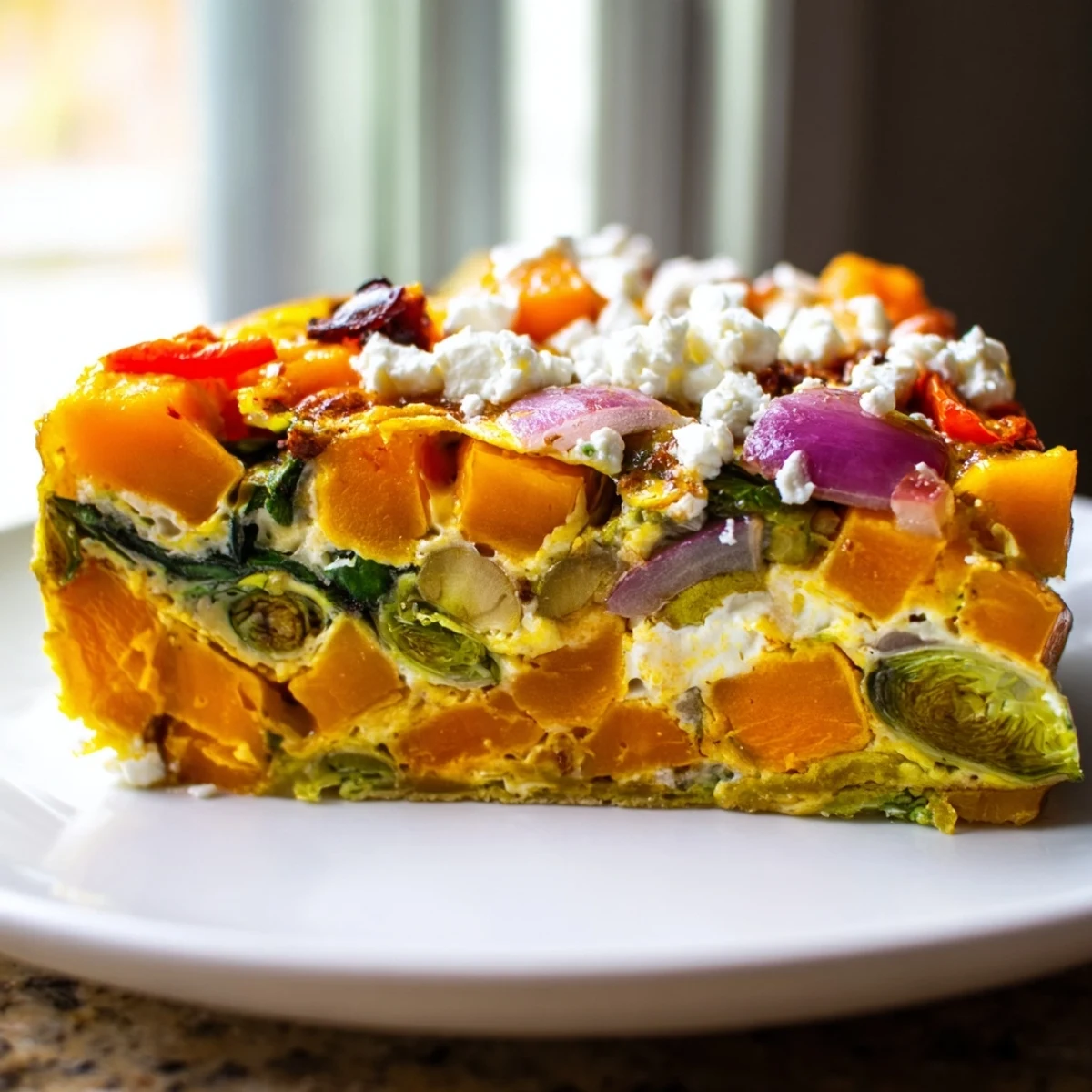 Colorful slice of Winter Harvest Low Fat Frittata featuring spinach, roasted peppers, and creamy feta cheese crumbles.