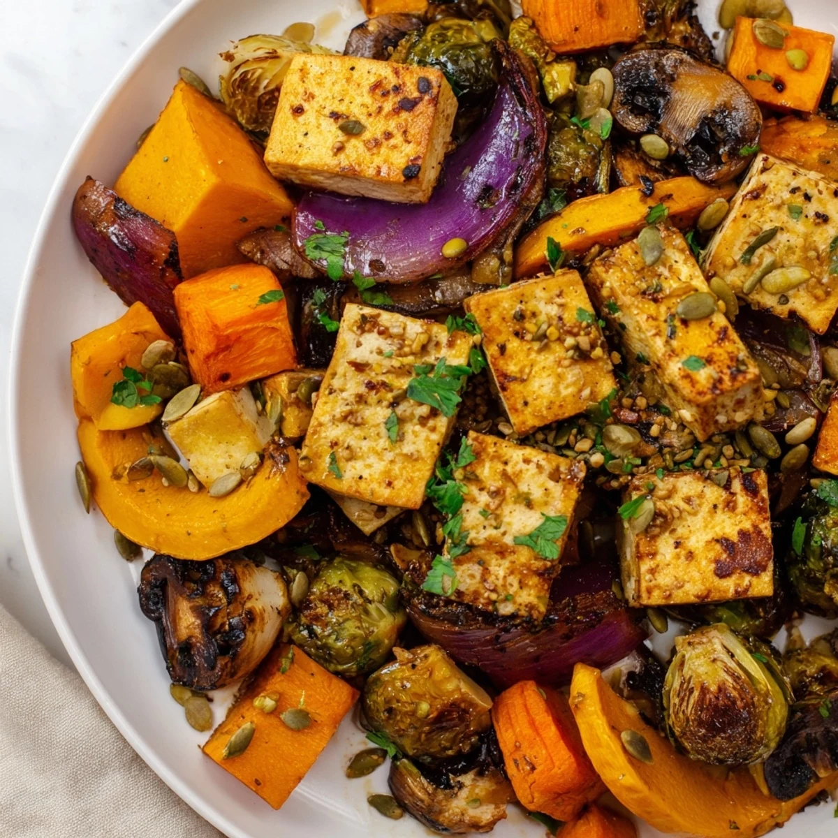 Golden-brown Winter Garden High Protein Roast with tofu, chickpeas, and caramelized vegetables on a platter.