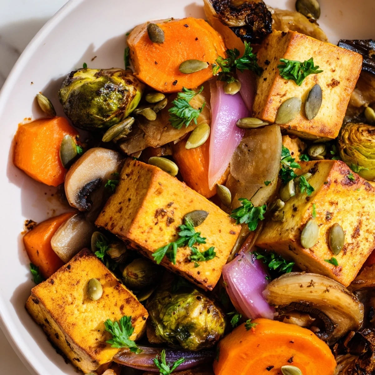 Roasted Brussels sprouts, butternut squash, and tofu cubes from the Winter Garden High Protein Roast.