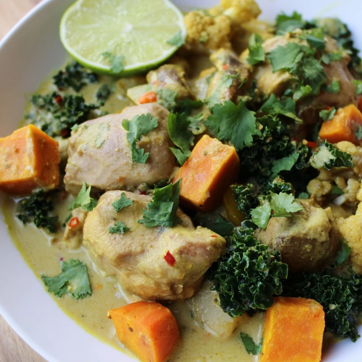 Winter Wellness Paleo Curry steaming in a bowl, garnished with fresh cilantro and a lemon wedge for a zesty finish.
