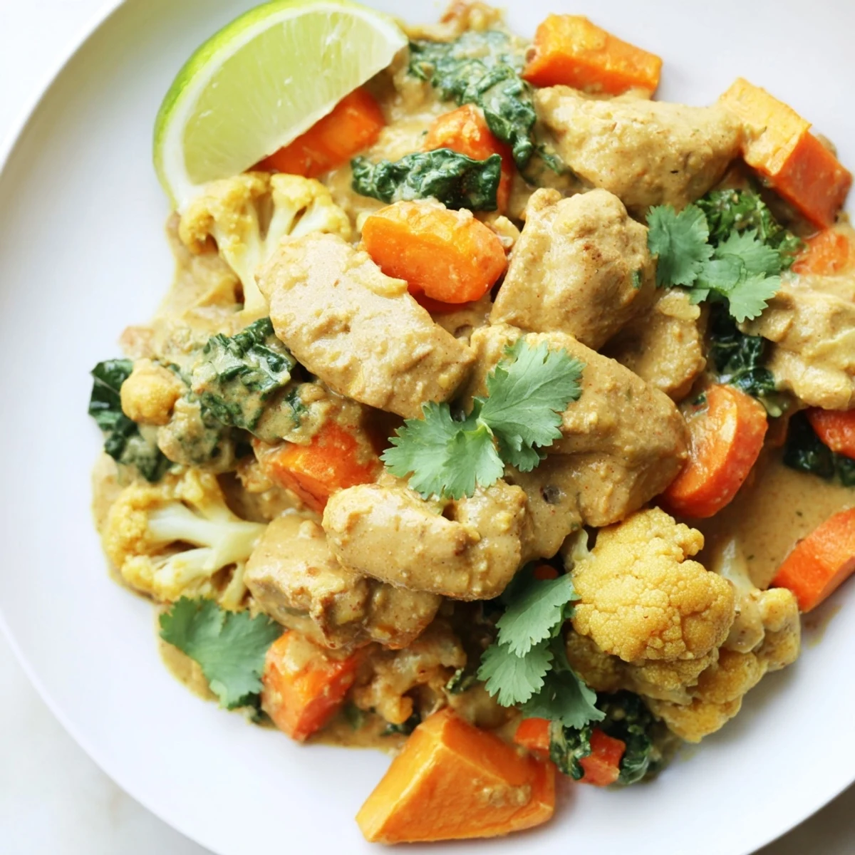 A rich and creamy Winter Wellness Paleo Curry packed with tender chicken, carrots, sweet potatoes, and kale.
