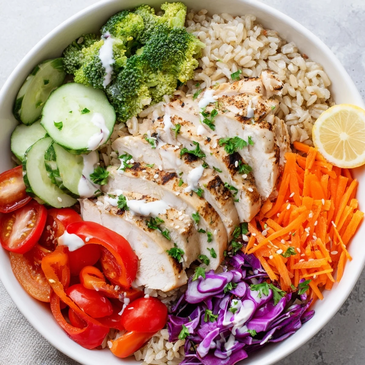 Appetizing New Year Low Fat Bowl featuring steamed broccoli, shredded carrots, and lemon wedges for a zesty finish.