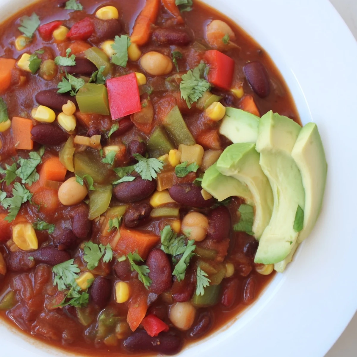 A steaming bowl of Snowy Day Vegan Chili topped with avocado and cilantro.