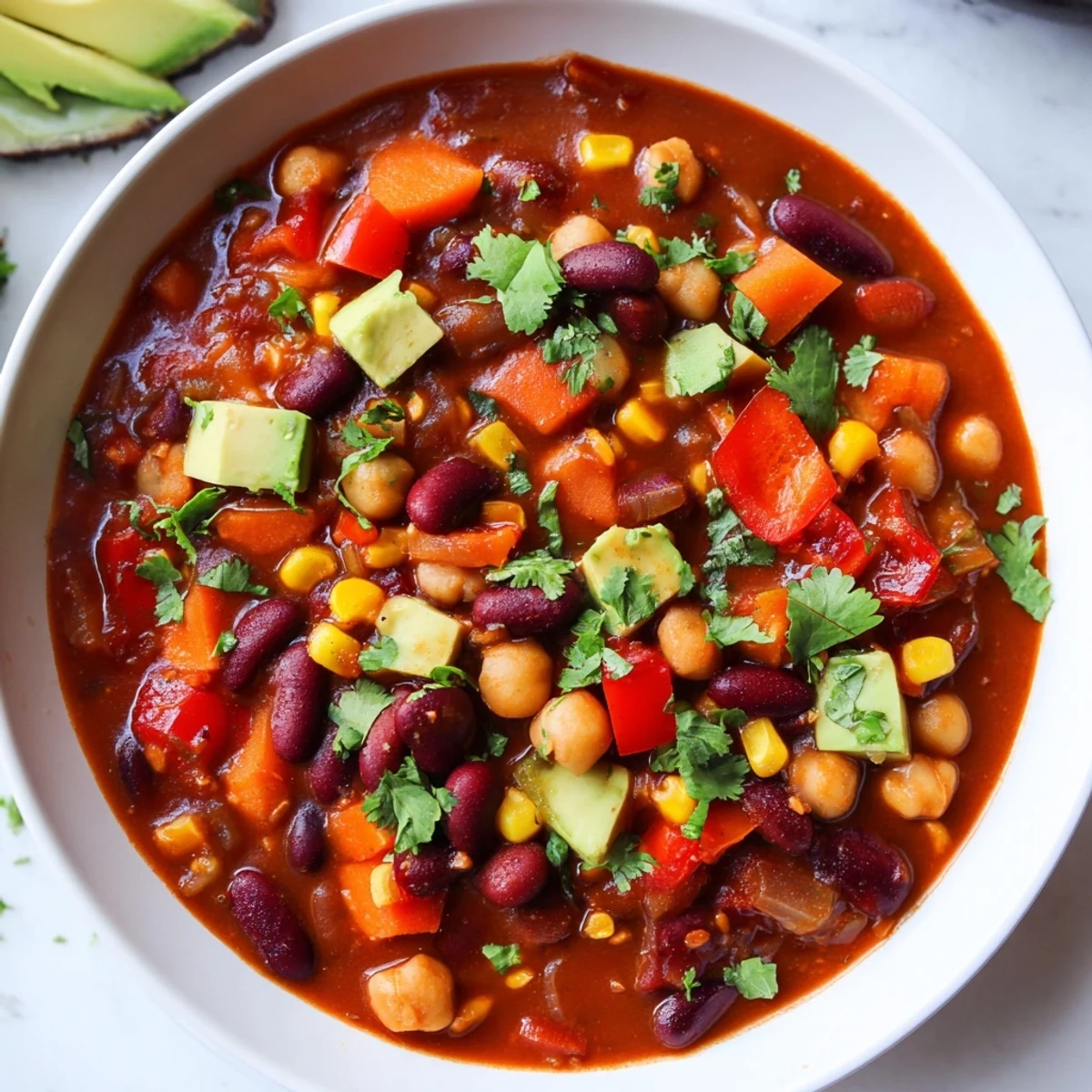 Snowy Day Vegan Chili simmering in a pot with colorful beans and peppers.