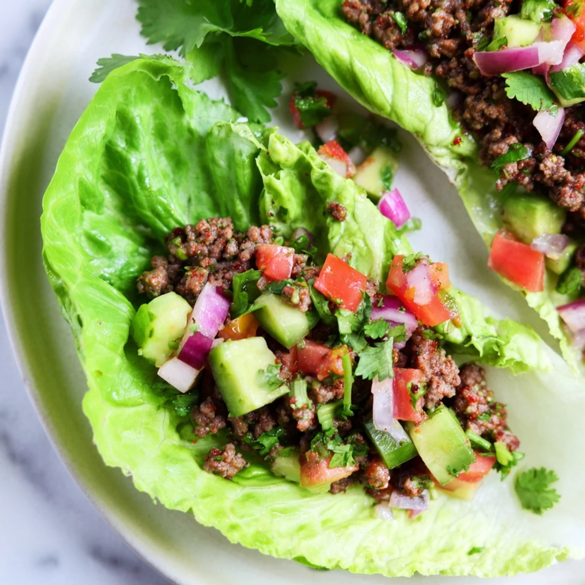 Fresh, crisp romaine lettuce cups hold seasoned ground beef topped with zesty avocado salsa in this Chilly Breeze Paleo Tacos recipe.