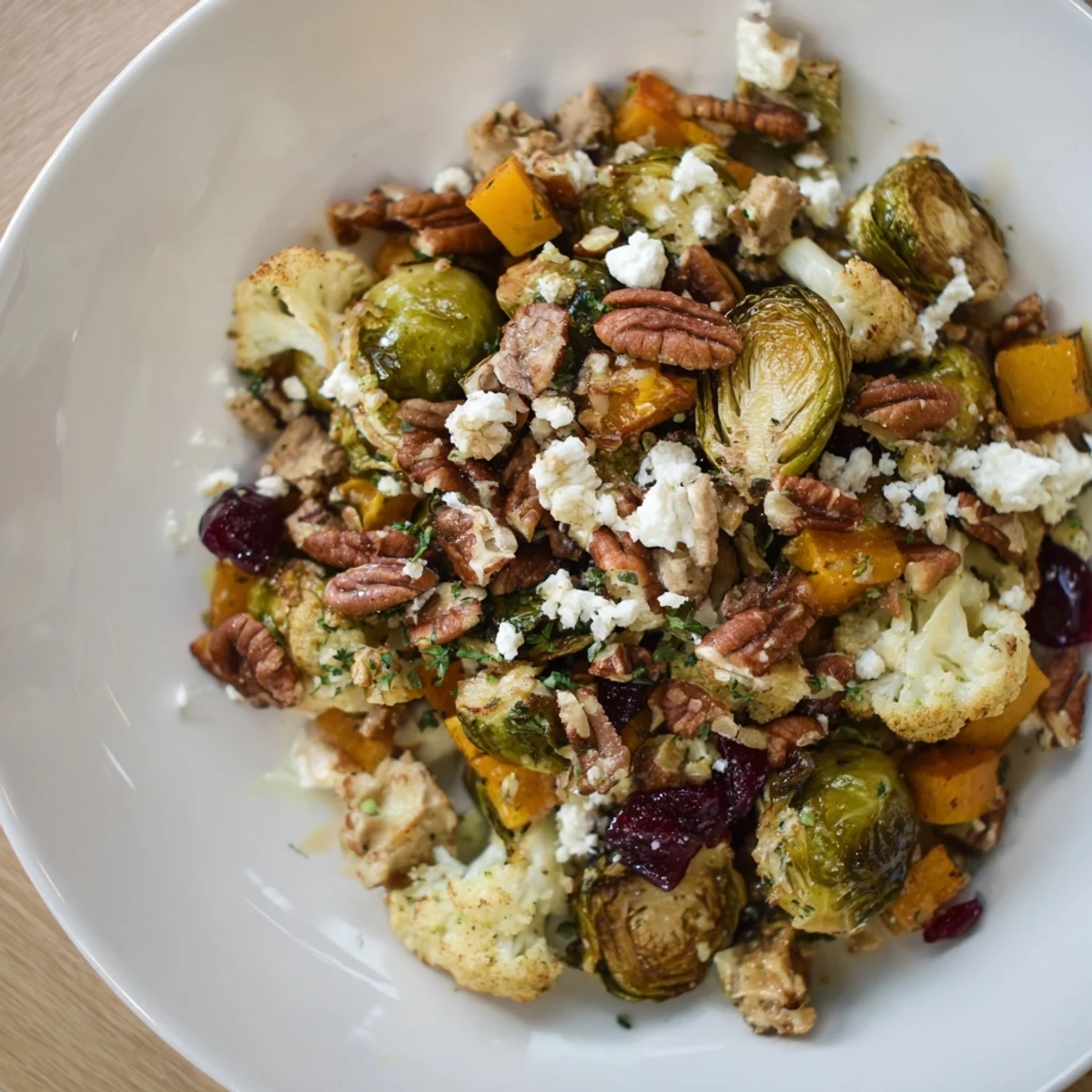 Golden roasted Brussels sprouts, turkey, and vibrant butternut squash on a bed of fresh spinach for a festive Holiday Market Low Carb Bowl.