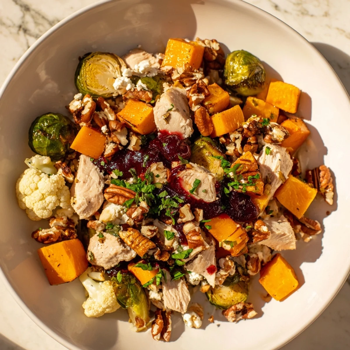 A colorful low carb bowl featuring a medley of roasted vegetables, tender turkey, and a homemade cranberry vinaigrette, ready to serve.