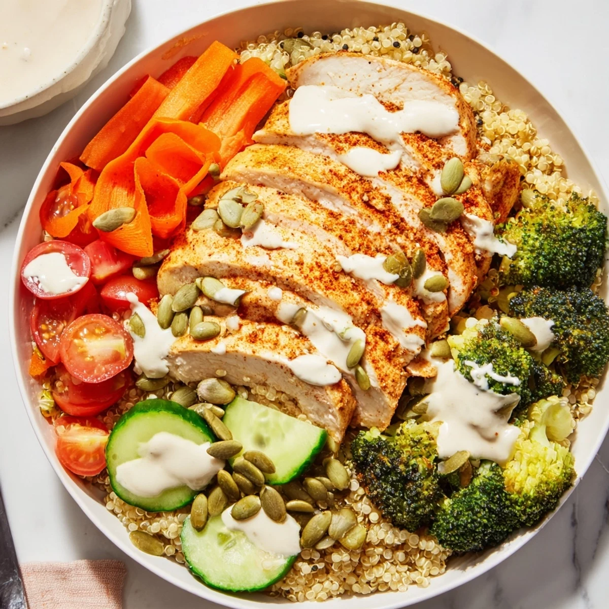 Warm Solstice High Protein Bowl features tender chicken, steamed broccoli, and colorful carrots, drizzled with a creamy tahini dressing.