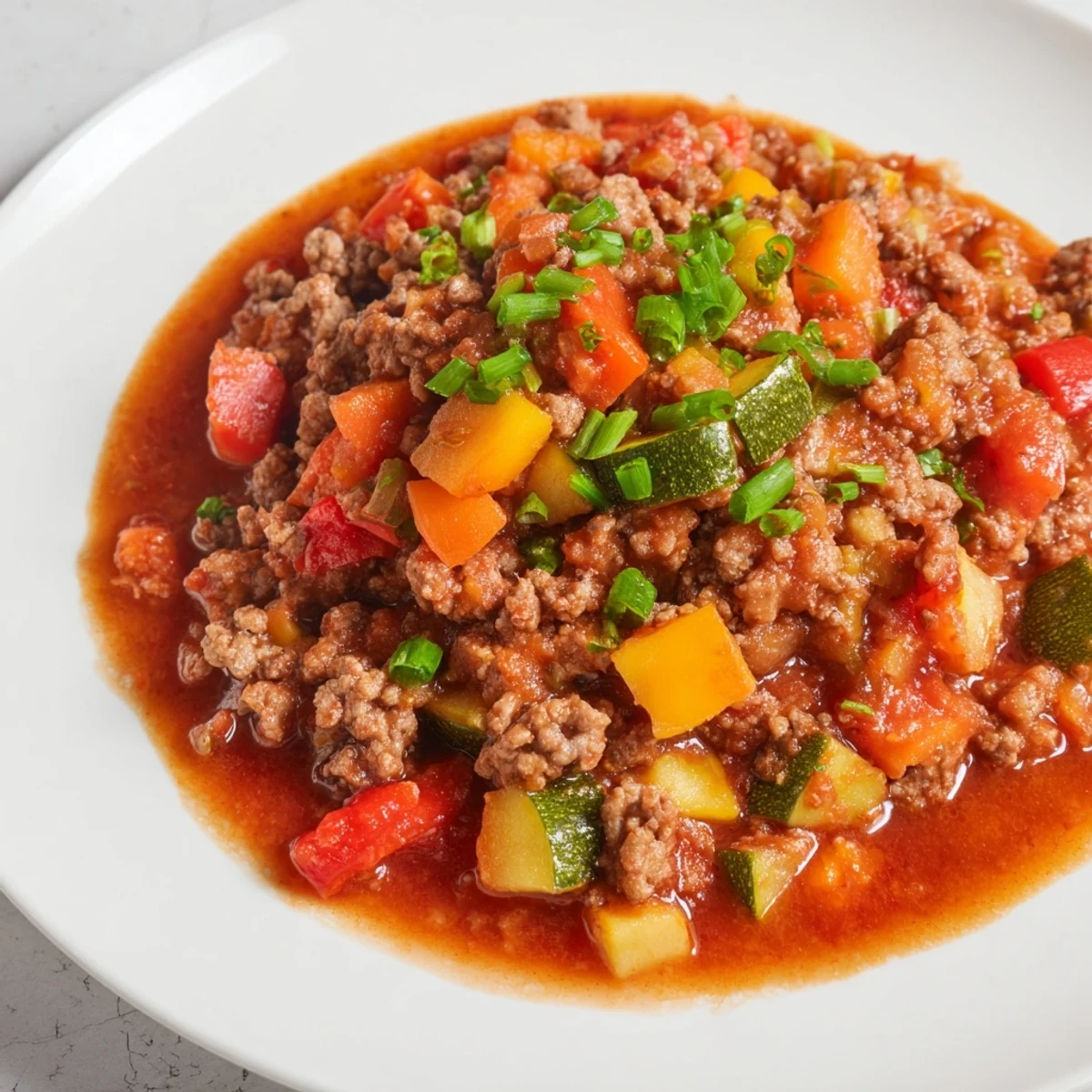 Close-up of Warm Hearth Paleo Chili with rich tomato broth and diced vegetables, perfect for a comforting meal.