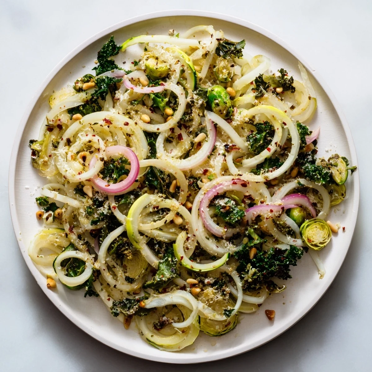 Brightly colored Winter Garden Low Carb Pasta features spiralized zucchini and turnip noodles sautéed with kale and Brussels sprouts in a light lemon sauce, topped with toasted pine nuts and Parmesan.