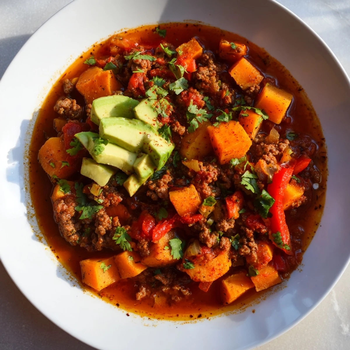 A steaming bowl of Winter Harvest Paleo Chili garnished with fresh cilantro and sliced avocado.