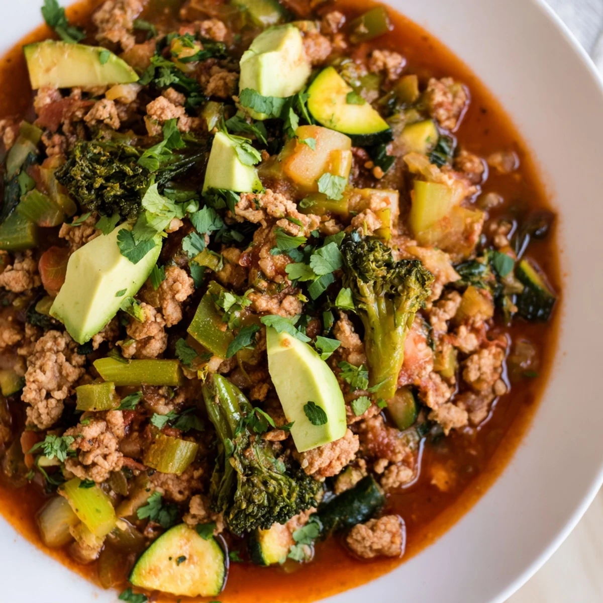 Close-up view of Evergreen Paleo Chili, showing diced zucchini and beef in a rich, flavorful tomato broth.