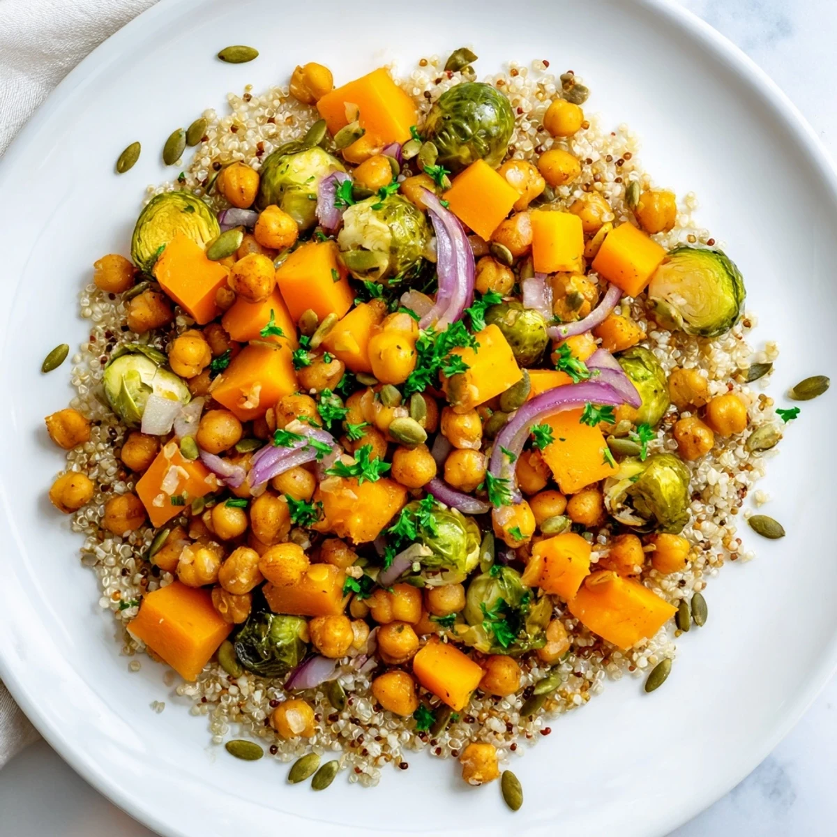 Colorful Holiday Market High Protein Side Dish with quinoa and roasted chickpeas arranged beautifully for a festive holiday table setting.