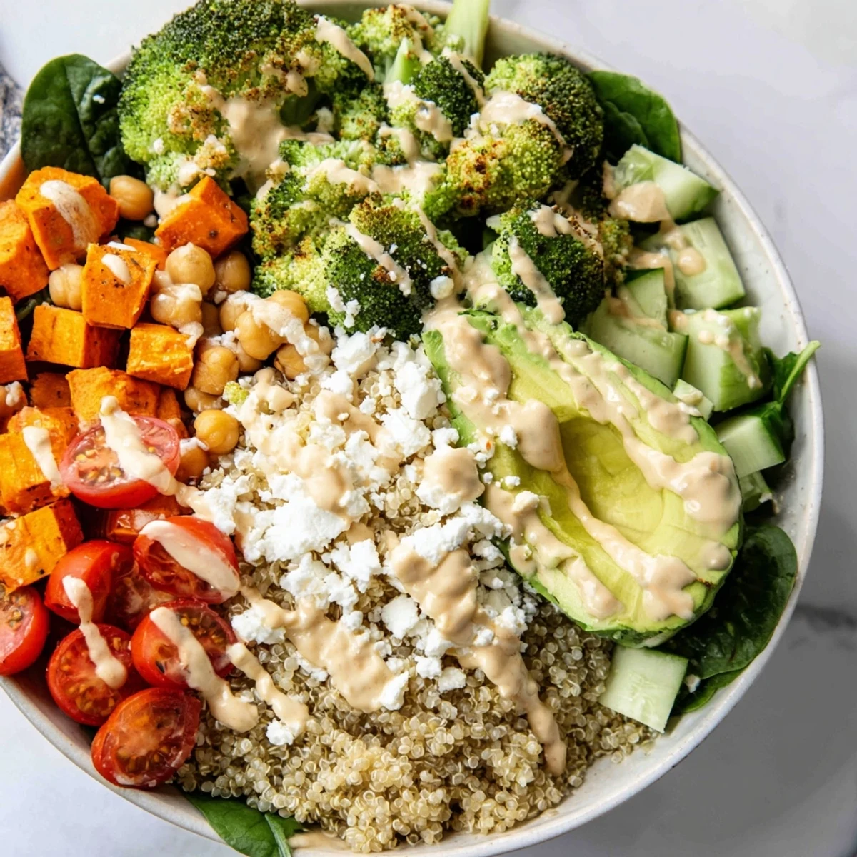 Fluffy quinoa, roasted broccoli, and sweet potato make this Evergreen High Protein Grain Bowl a vibrant, nutrient-packed meal.