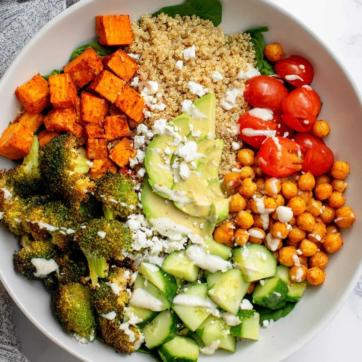 A hearty bowl of mixed greens, tomatoes, cucumber, and feta cheese creating a delicious Evergreen High Protein Grain Bowl.