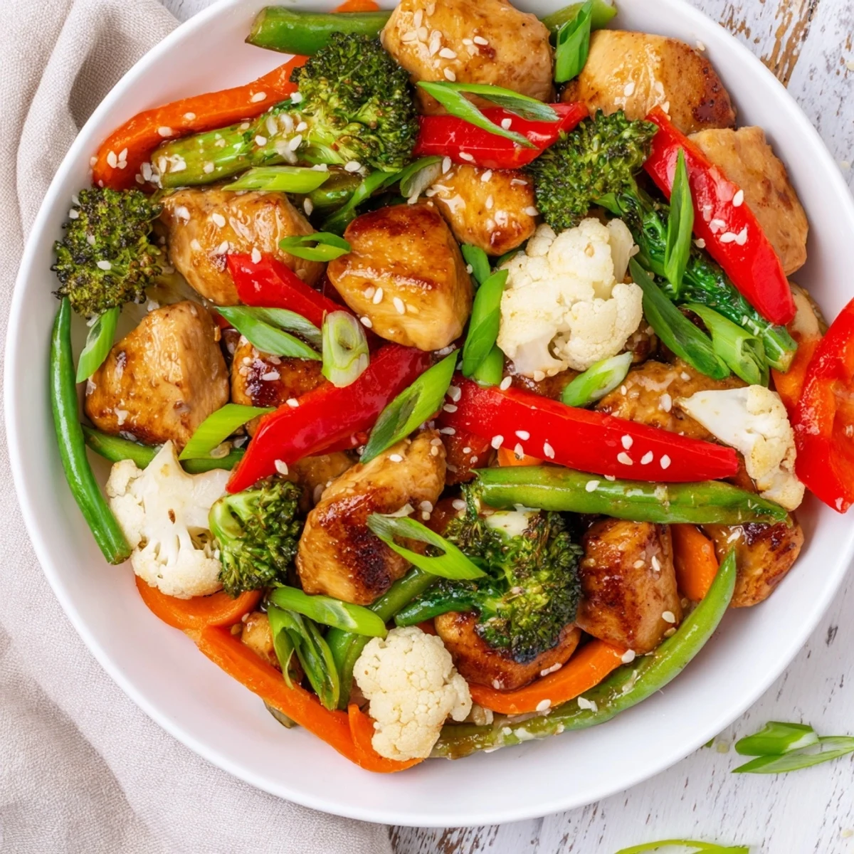 Golden chicken pieces and crisp broccoli florets in Winter Garden Low Carb Stir Fry, garnished with spring onions and sesame seeds on a white plate. 